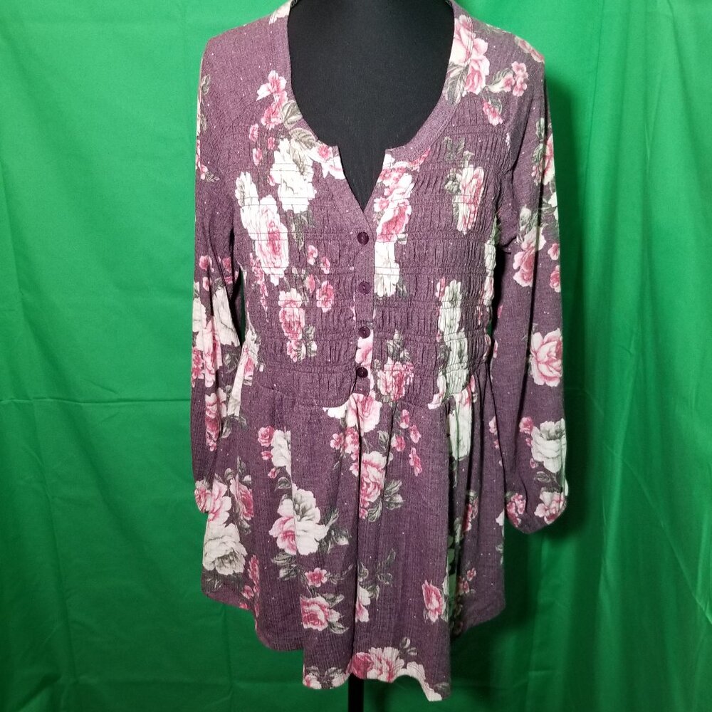 Torrid Purple Floral Print Babydoll Blouse Size 00 Boho Peasant Retro Cottage